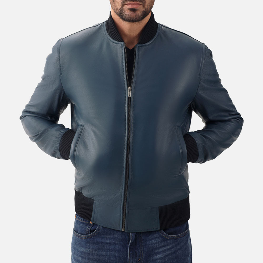 Amalfi Blue Leather Bomber Jacket both hand in pocket