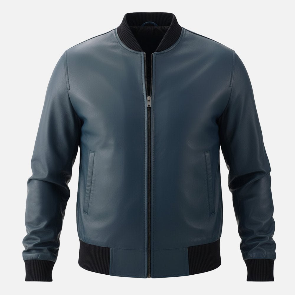 Amalfi Blue Leather Bomber Jacket front