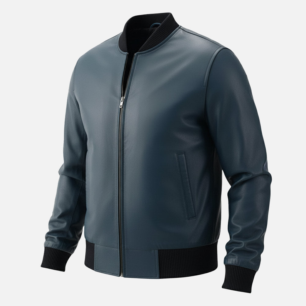 Amalfi Blue Leather Bomber Jacket front view