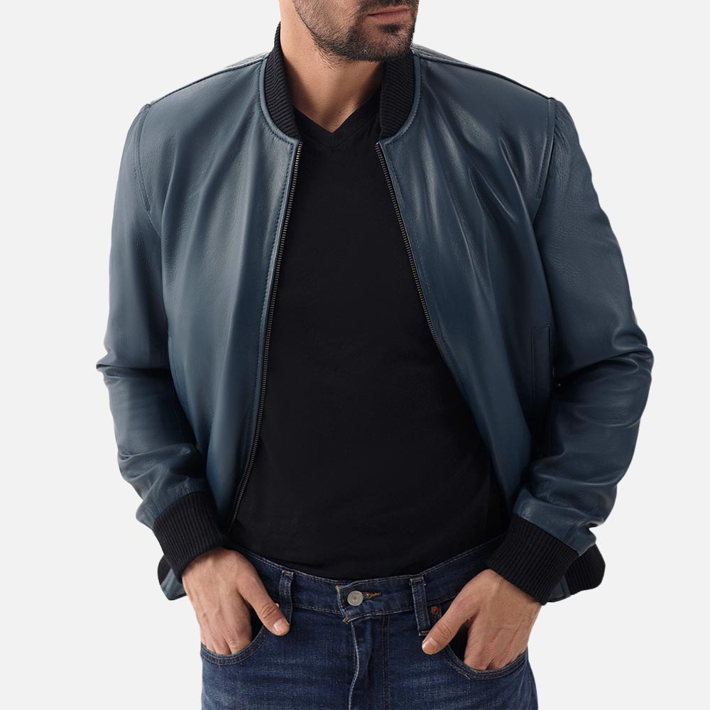 Amalfi Blue Leather Bomber Jacket front view ewith half face