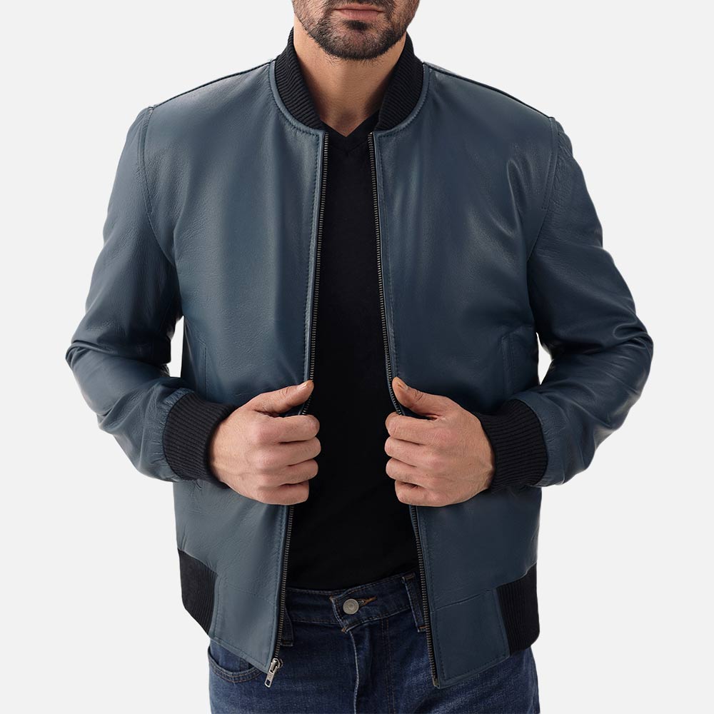 Amalfi Blue Leather Bomber Jacket holding jacket