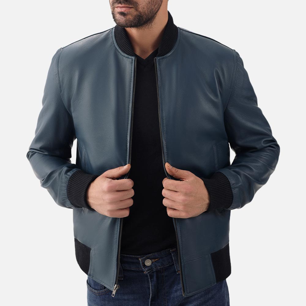 Amalfi Blue Leather Bomber Jacket holdingg jacket