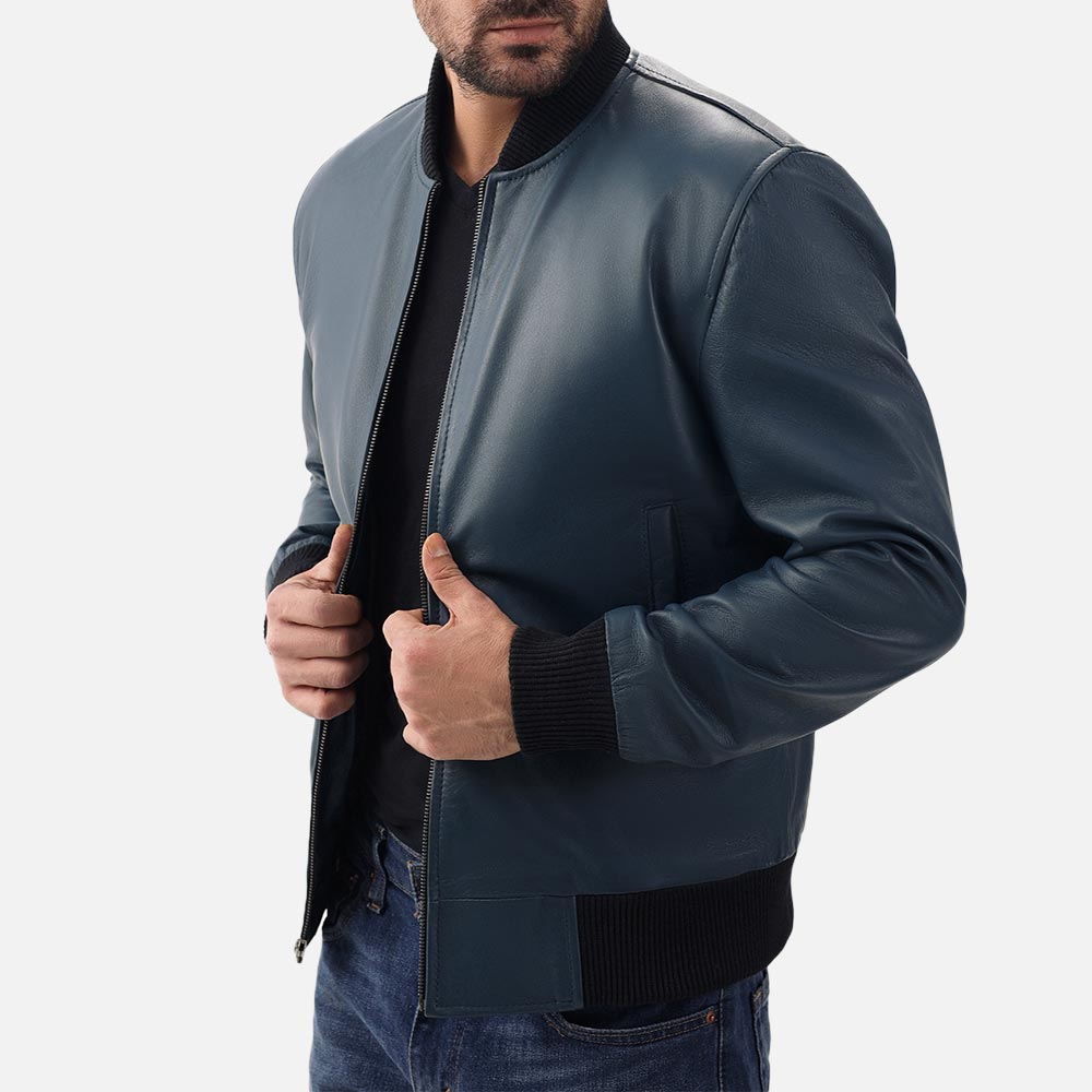 Amalfi Blue Leather Bomber Jacket left hand