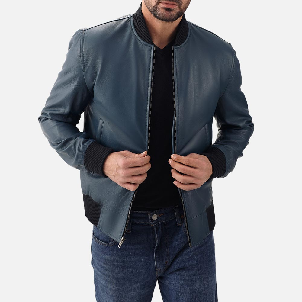 Amalfi Blue Leather Bomber Jacket open front