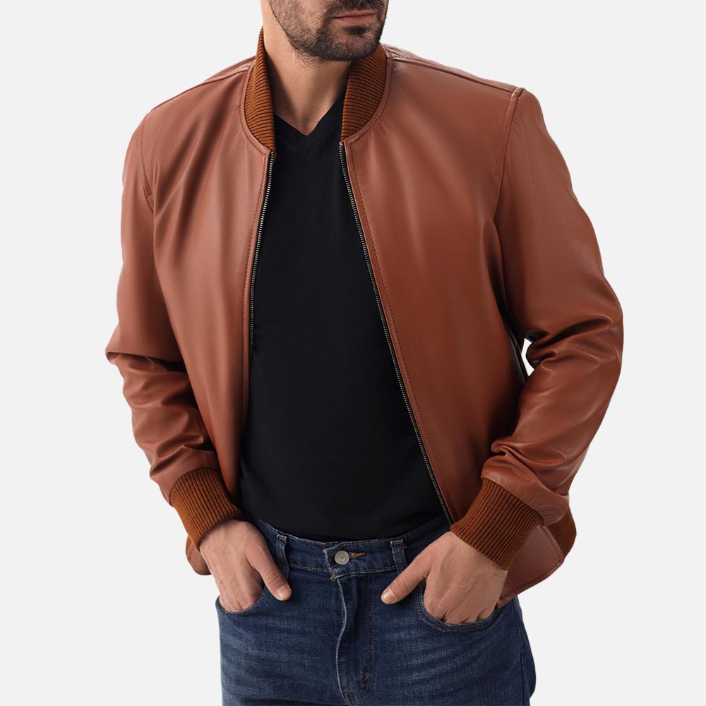 Amalfi tan Leather Bomber Jacket both hand in pocket