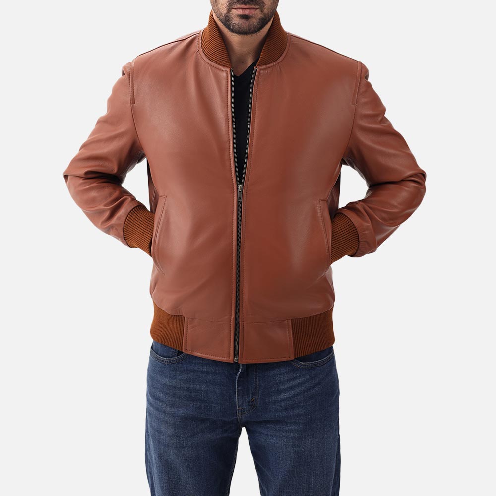 Amalfi tan Leather Bomber Jacket hand in pocket
