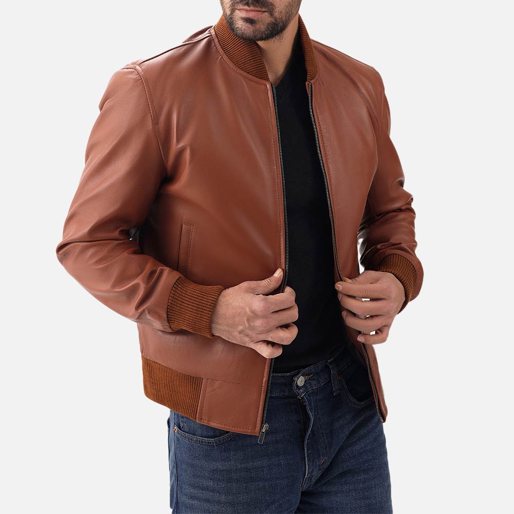 Amalfi tan Leather Bomber Jacket  holdng jacket