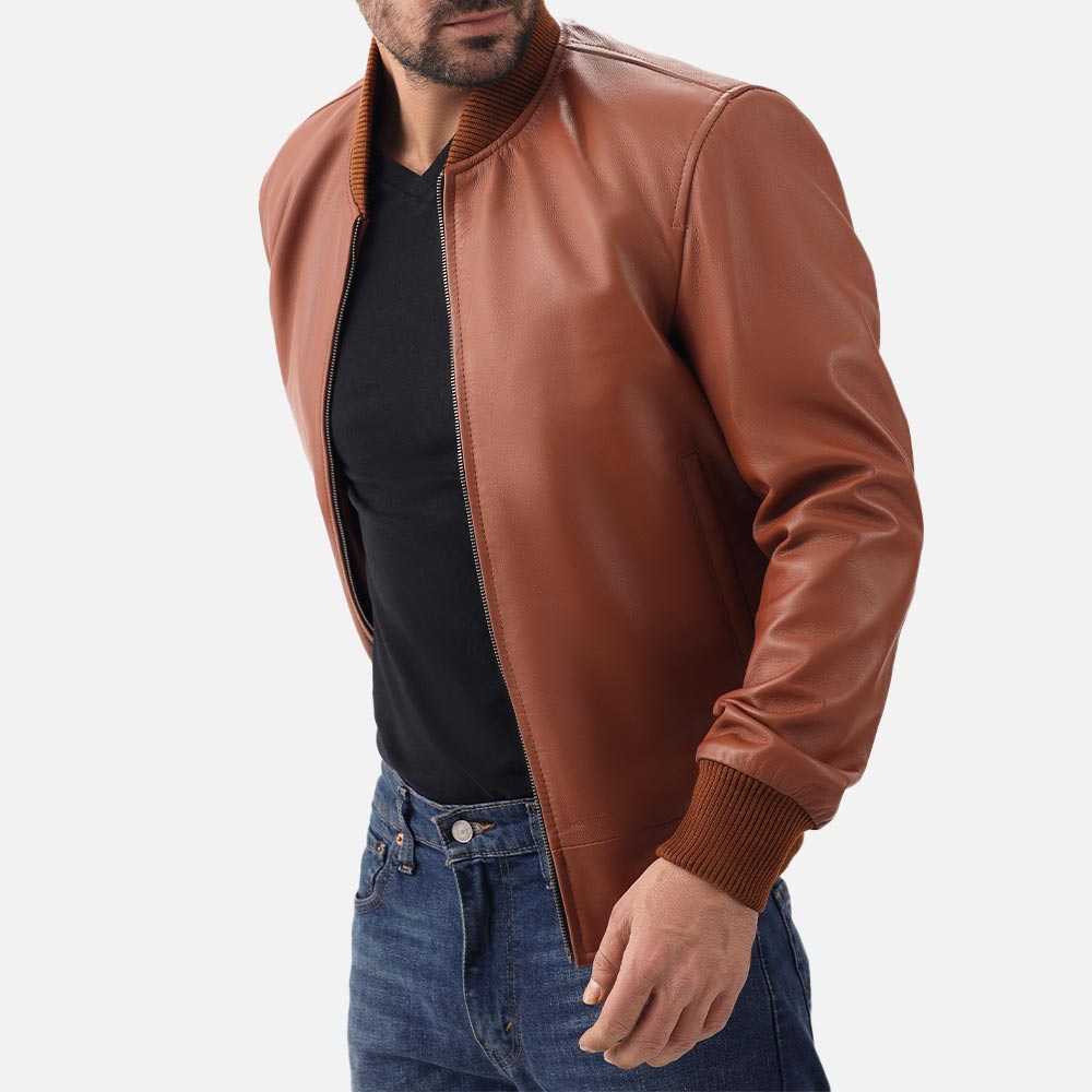 Amalfi tan Leather Bomber Jacket left