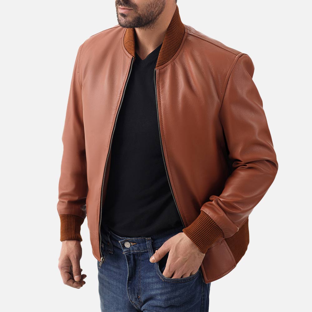 Amalfi tan Leather Bomber Jacket open