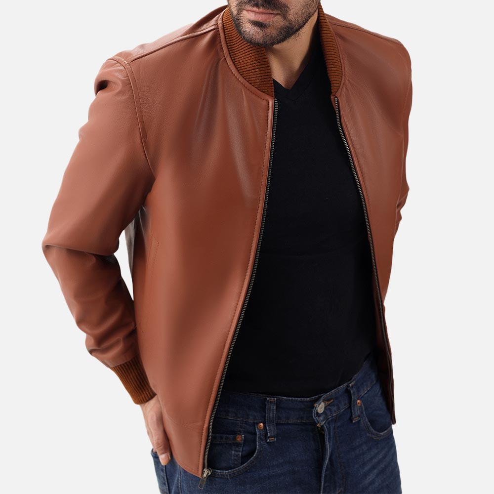 Amalfi tan Leather Bomber Jacket open front