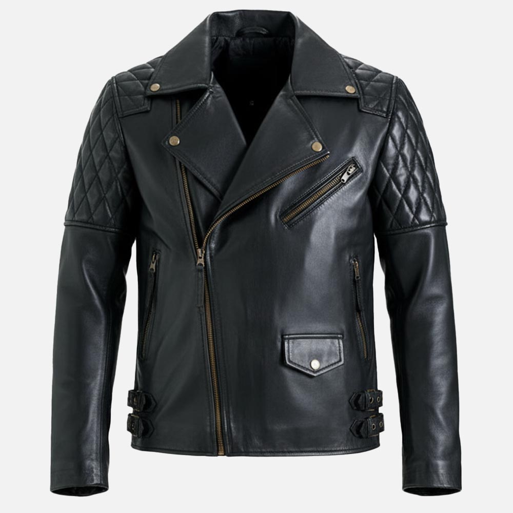 Bari Black Biker Leather Jacket Front side