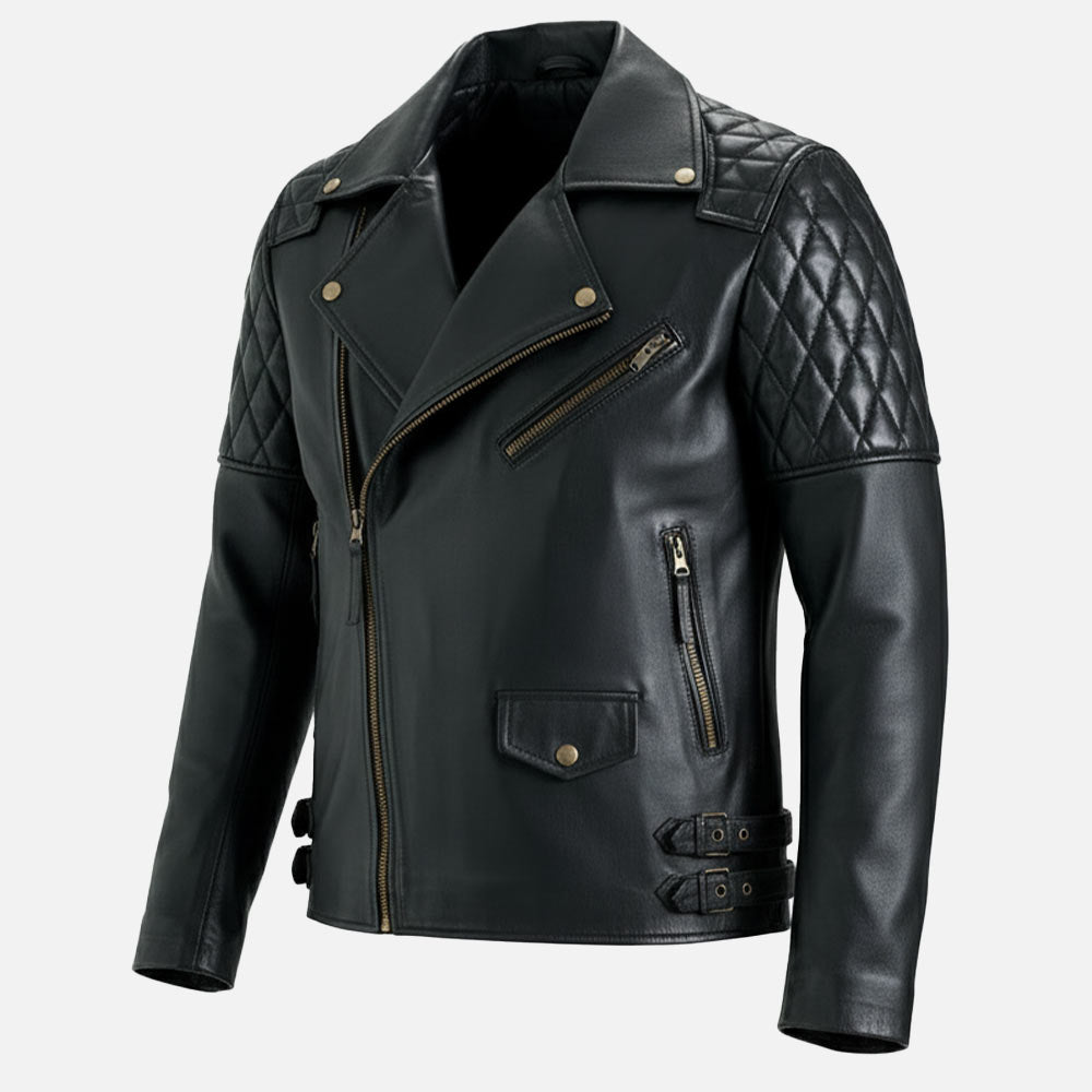 Bari Black Biker Leather Jacket front look