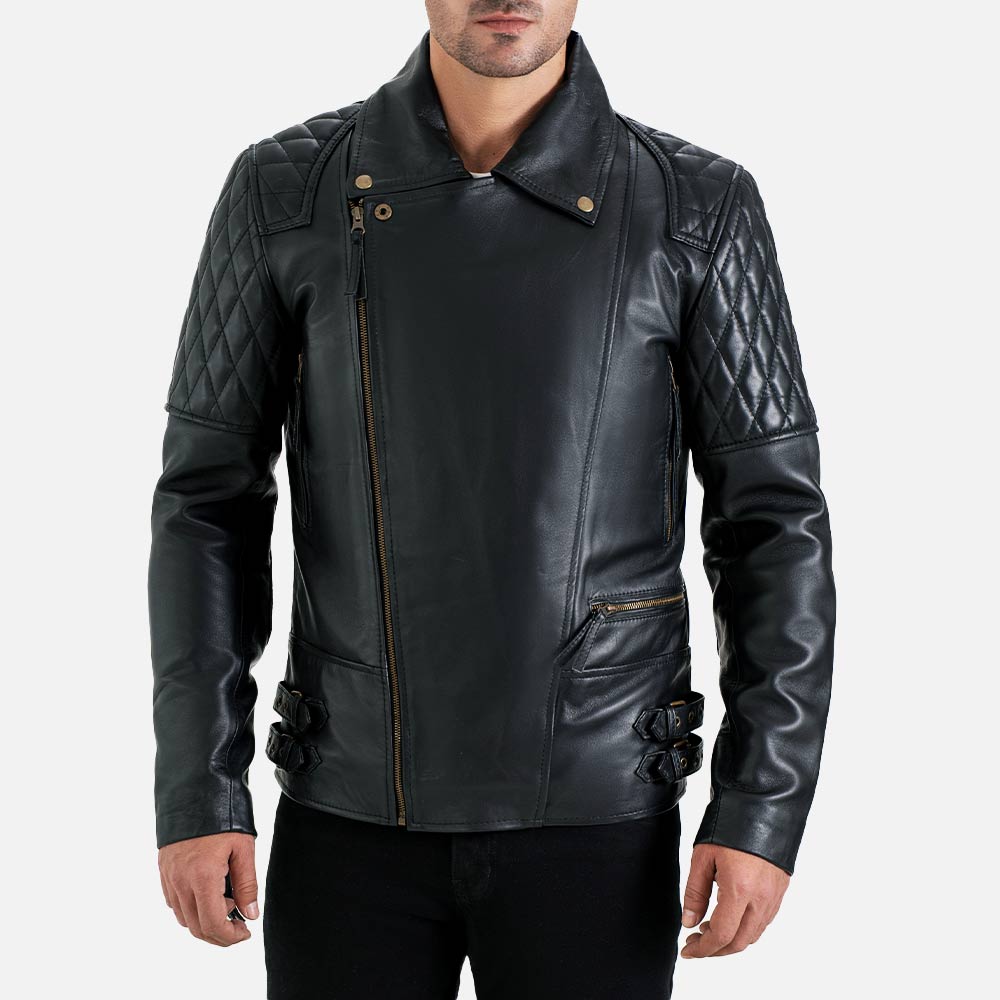 Bari Black Biker Leather Jacket front view with half face 