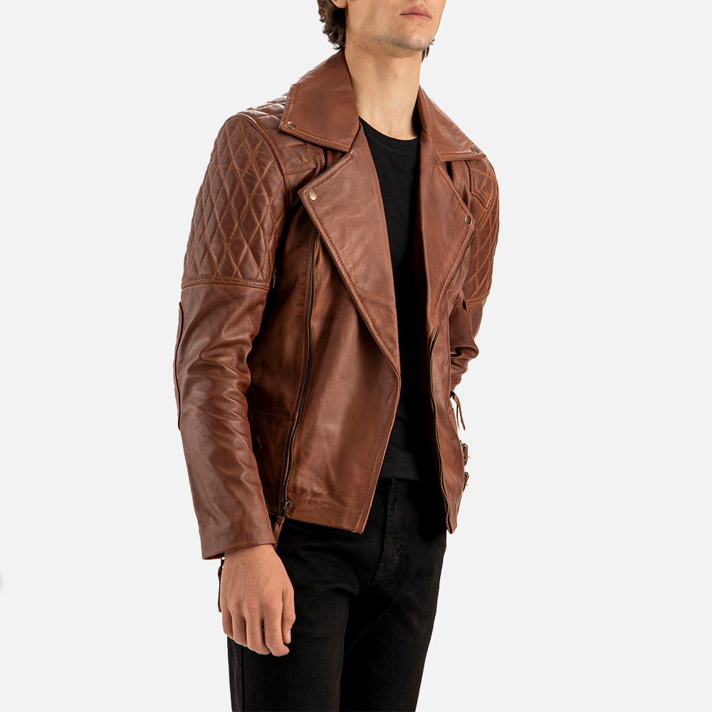 Bari Brown Biker Leather Jacket Right sidee