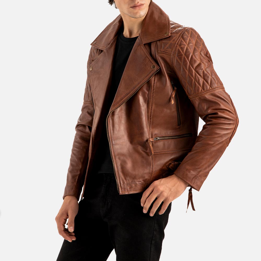 Bari Brown Biker Leather Jacket leftt