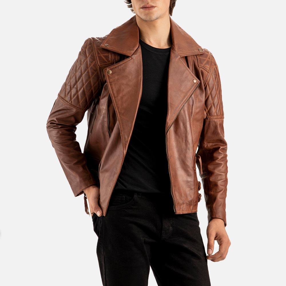 Bari Brown Biker Leather Jacket open