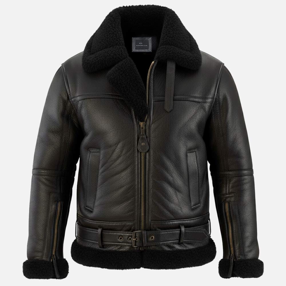 Bormio RAF Black Real Shearling Bomber Jacket front