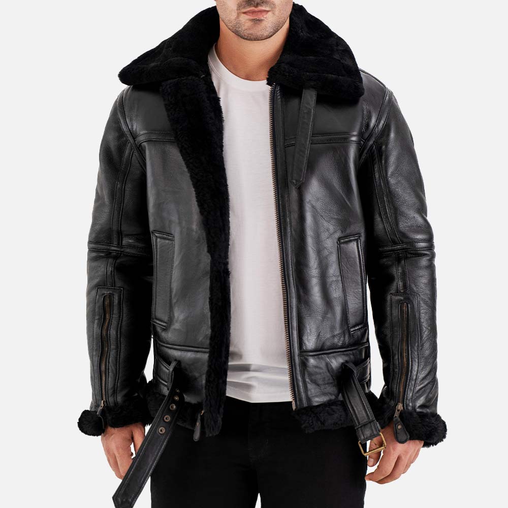 Bormio RAF Black Real Shearling Bomber Jacket front open