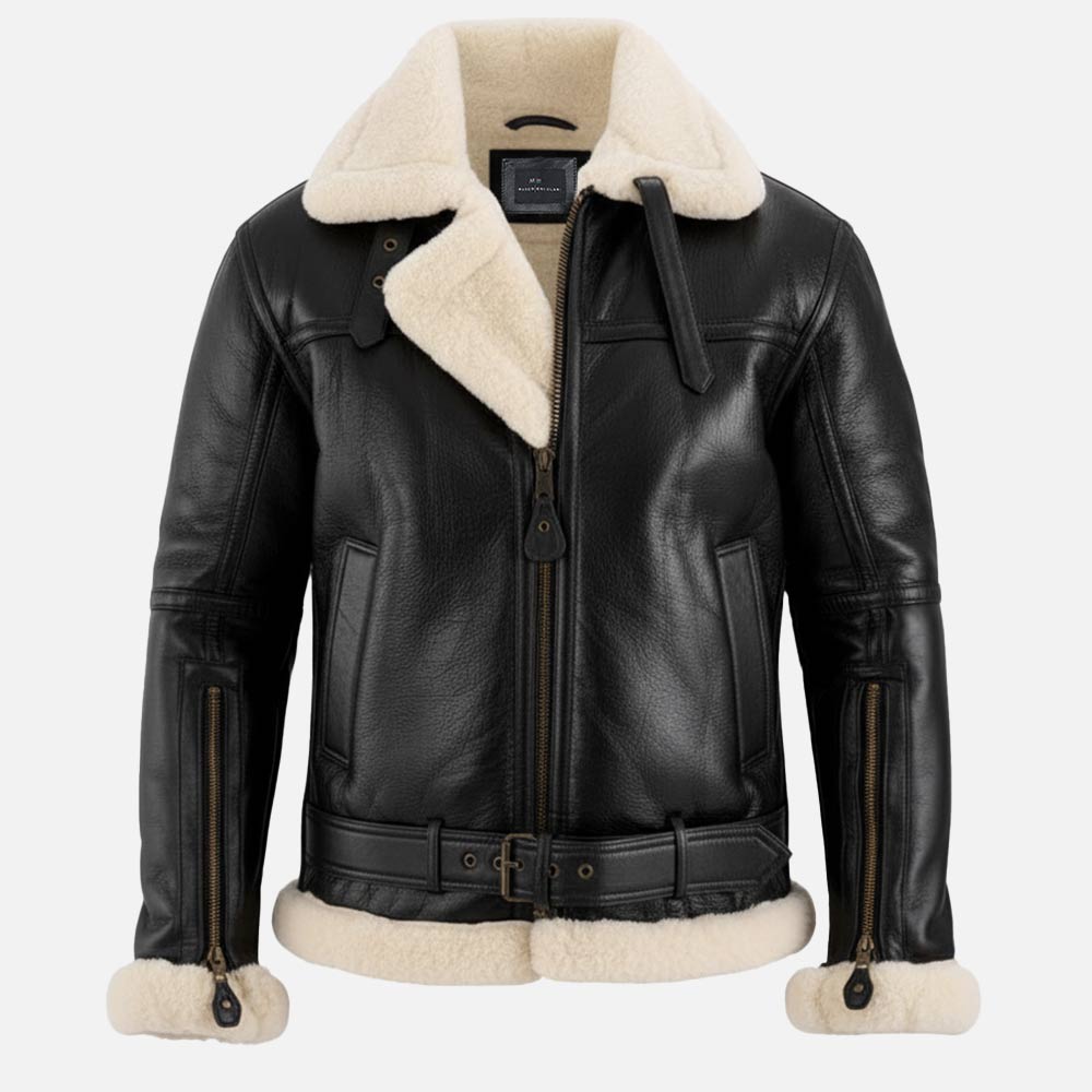 Bormio RAF Black & white Real Shearling Bomber Jacket front both hand