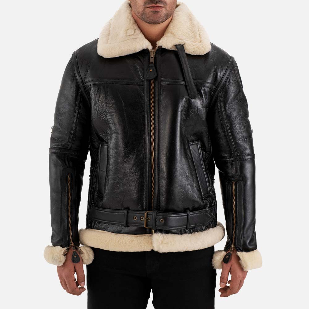 Bormio RAF Black & white Real Shearling Bomber Jacket front with both hand
