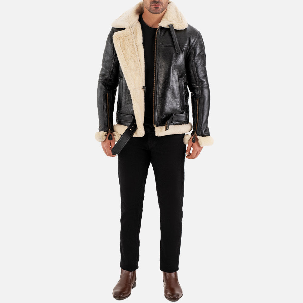 Bormio RAF Black & white Real Shearling Bomber Jacket full front