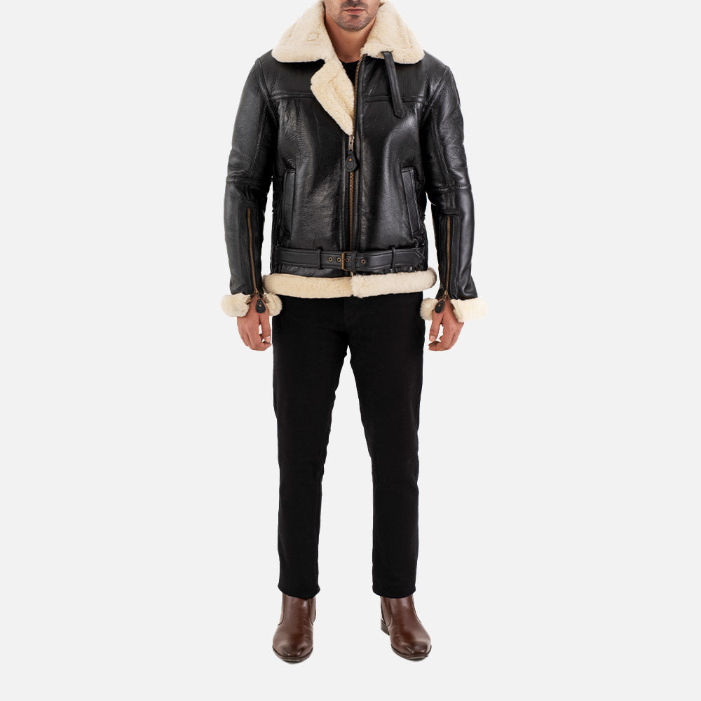 Bormio RAF Black & white Real Shearling Bomber Jacket full front view
