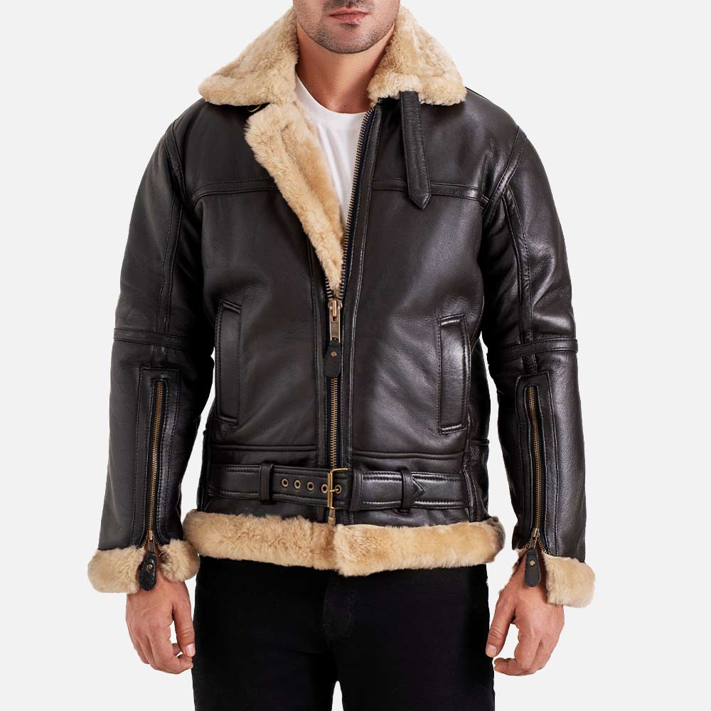 Bormio RAF Brown & Beige Real Shearling Bomber Jacket  Front View