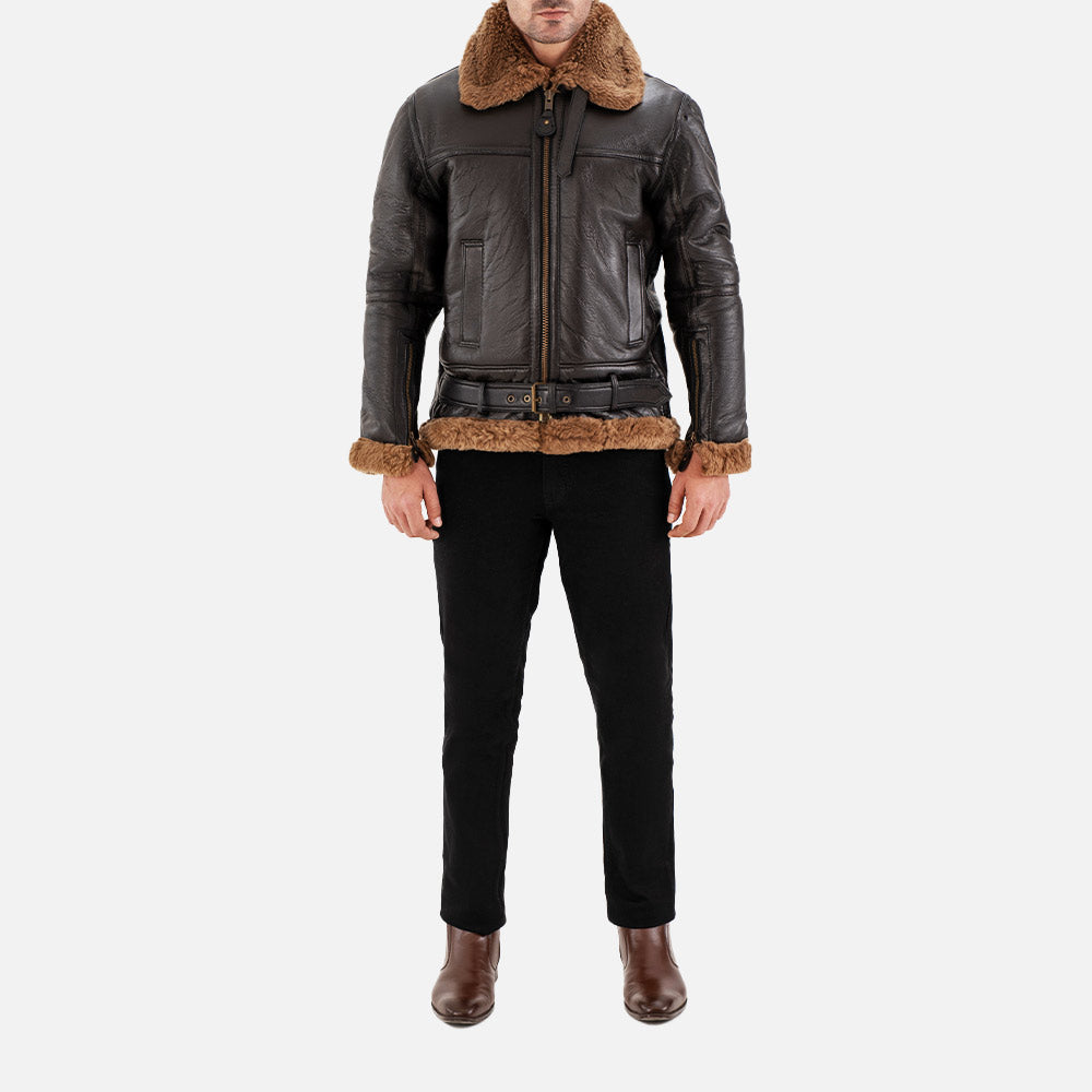 Bormio RAF Brown Real Shearling Bomber Jacket full front view