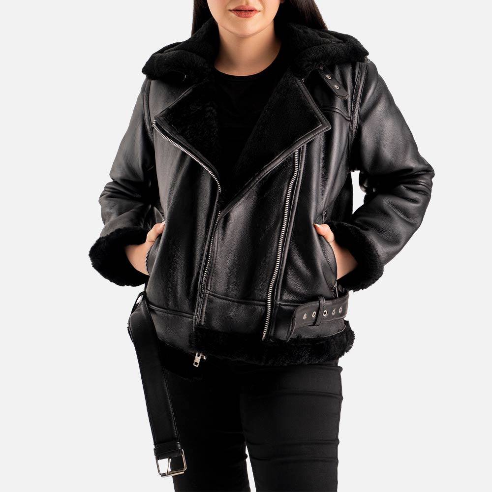 Brivido Black Real Shearling Bomber Jacket  front