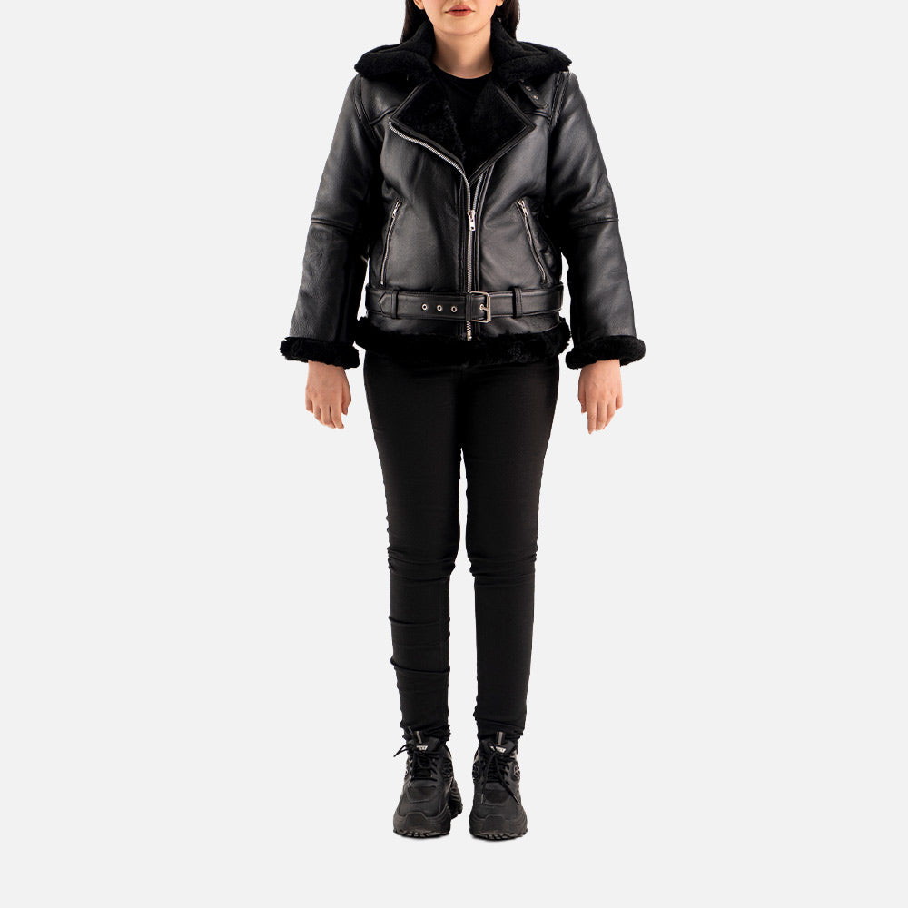 Brivido Black Real Shearling Bomber Jacket full Body