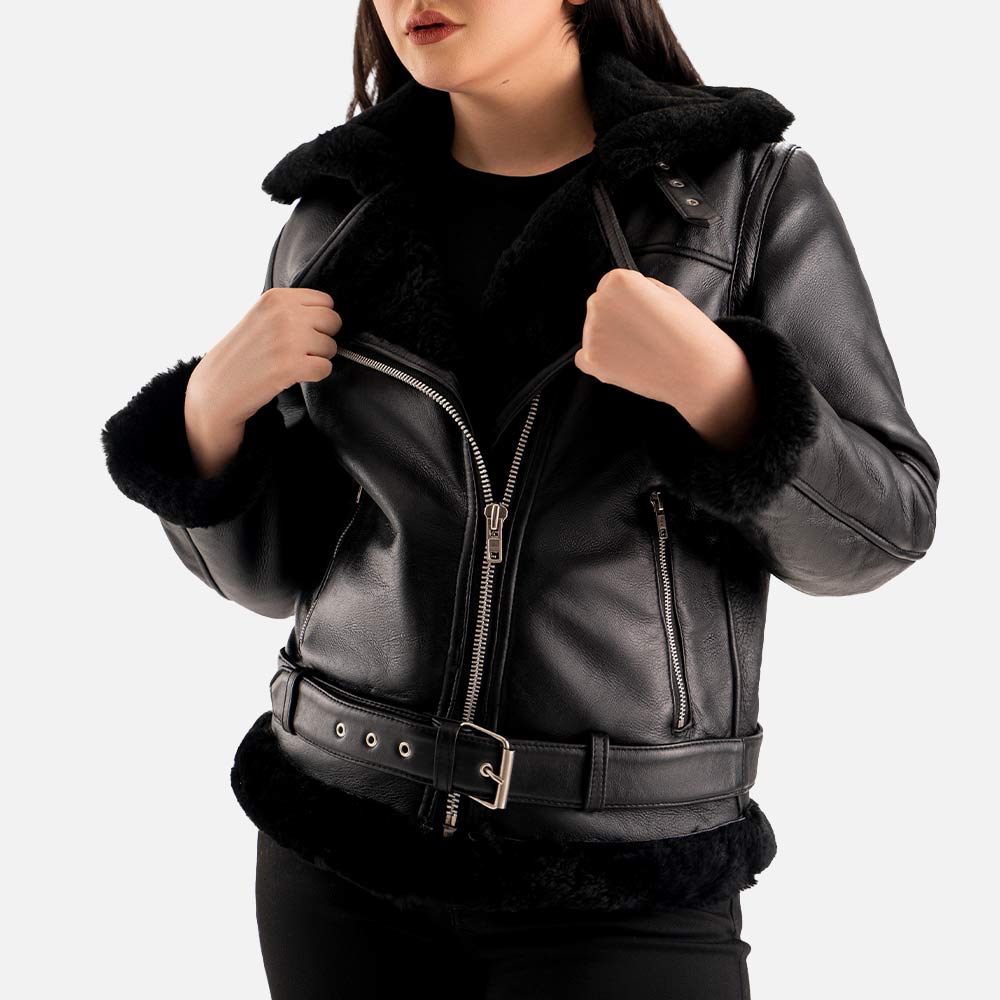 Brivido Black Real Shearling Bomber Jacket  half open