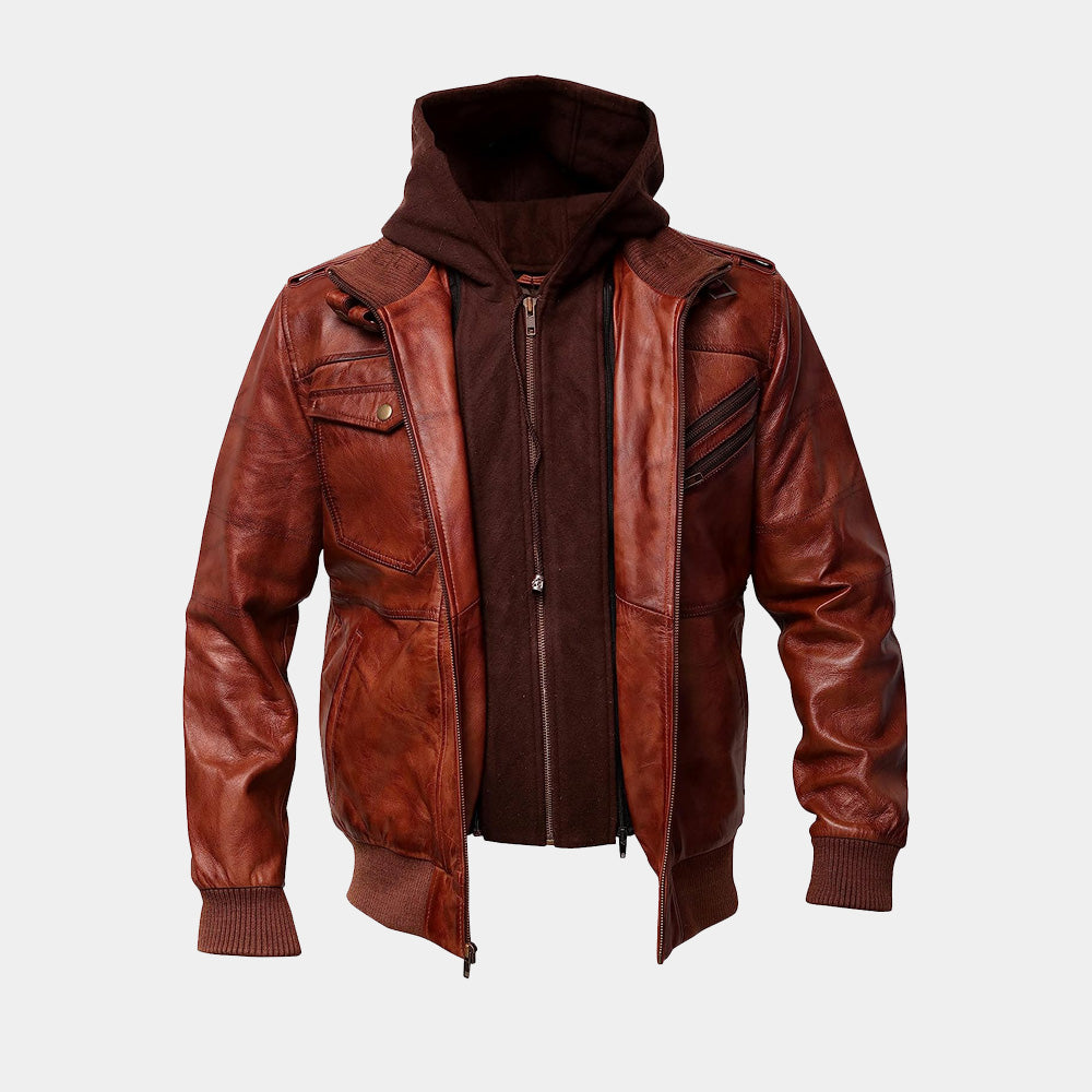 Brown Hooded Leather Jacket 