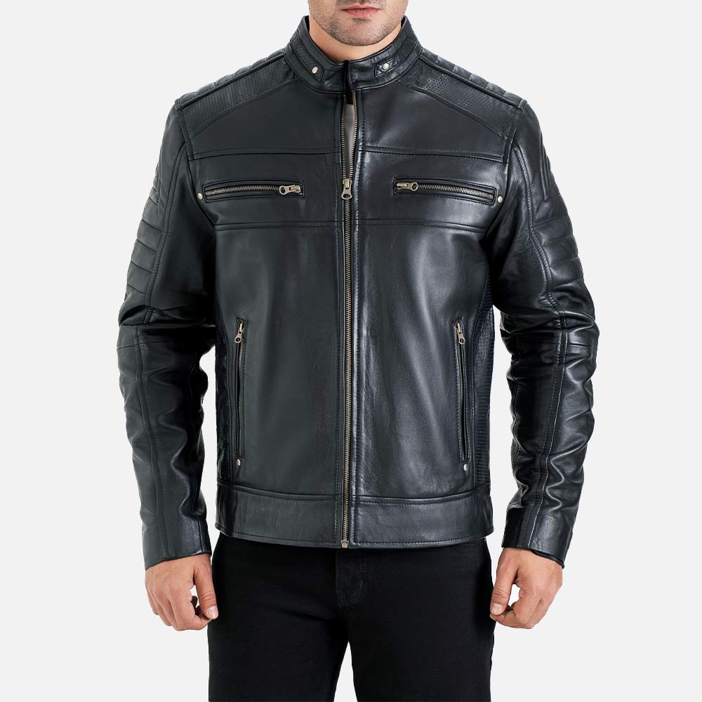 Cagliari Black Biker Leather Jacket front