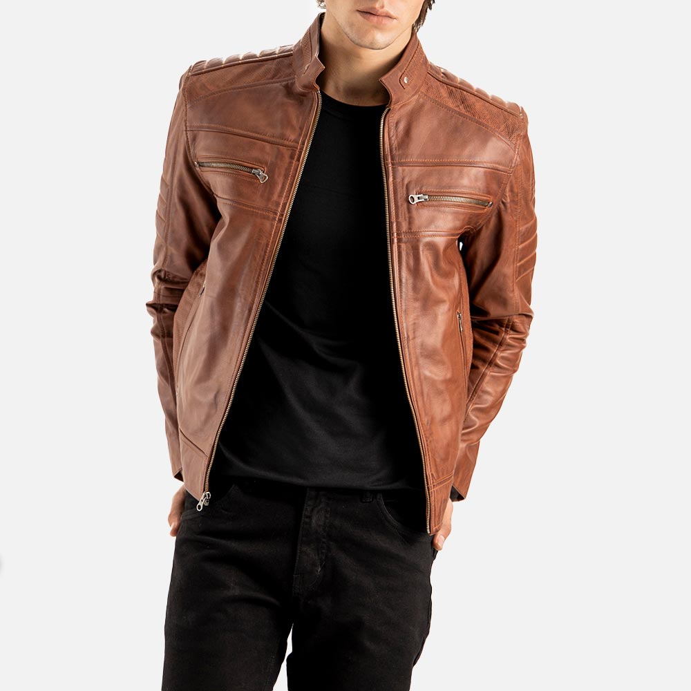 Cagliari Brown Biker Leather Jacket Both hand is back