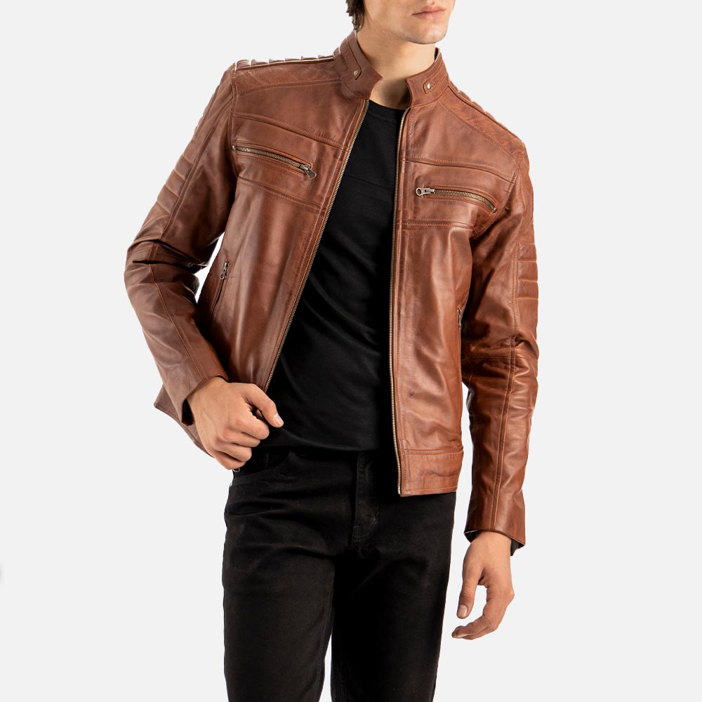 Cagliari Brown Biker Leather Jacket front view