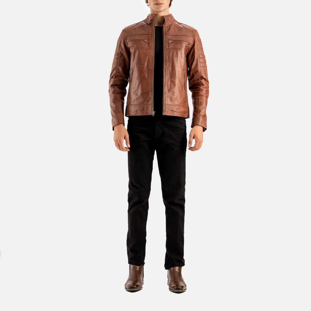 Cagliari Brown Biker Leather Jacket full front view