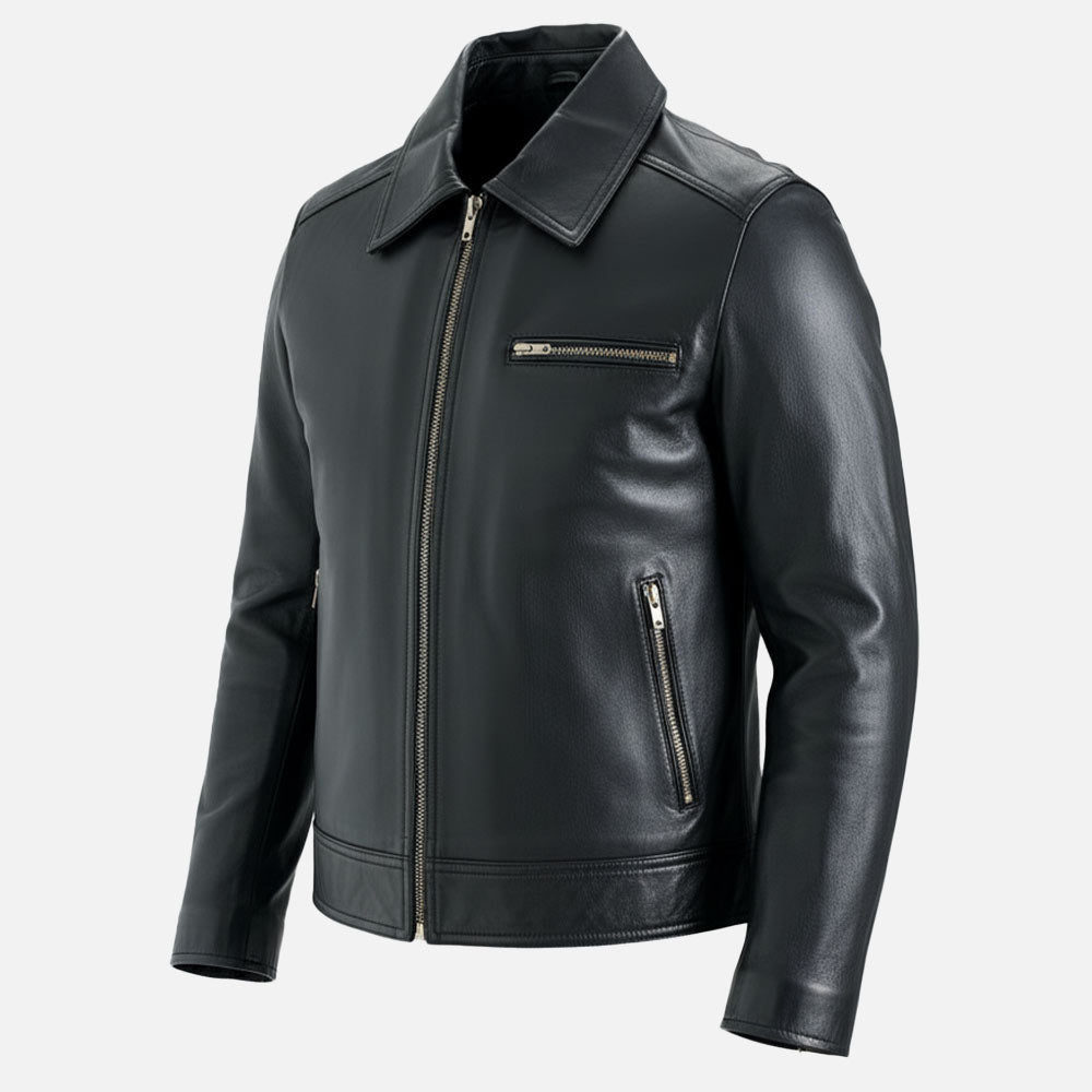 Calabria Black Leather Biker Jacket front vieww