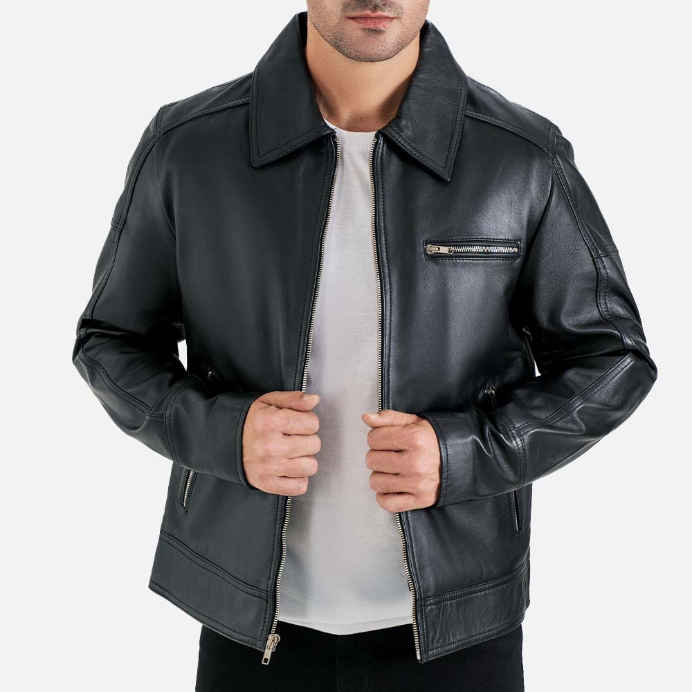 Calabria Black Leather Biker Jacket holding jacket