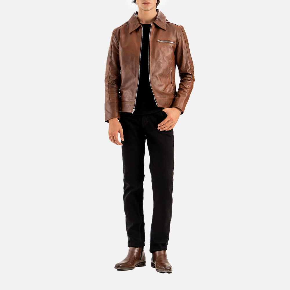 Calabria Brown Leather Biker Jacket back front full view