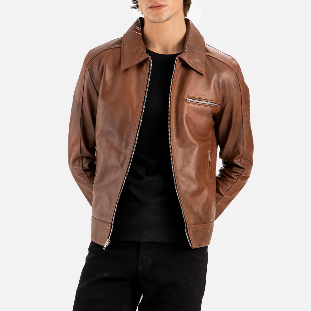 Calabria Brown Leather Biker Jacket  both hand is back