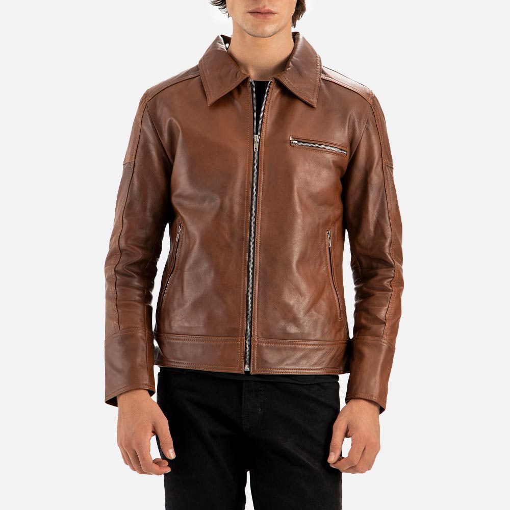 Calabria Brown Leather Biker Jacket front both hand