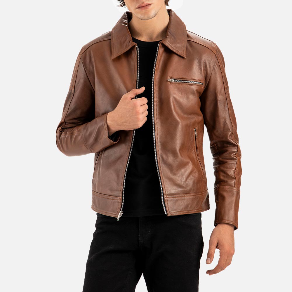 Calabria Brown Leather Biker Jacket front view