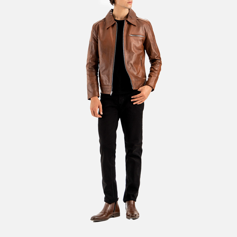 Calabria Brown Leather Biker Jacket ful front view