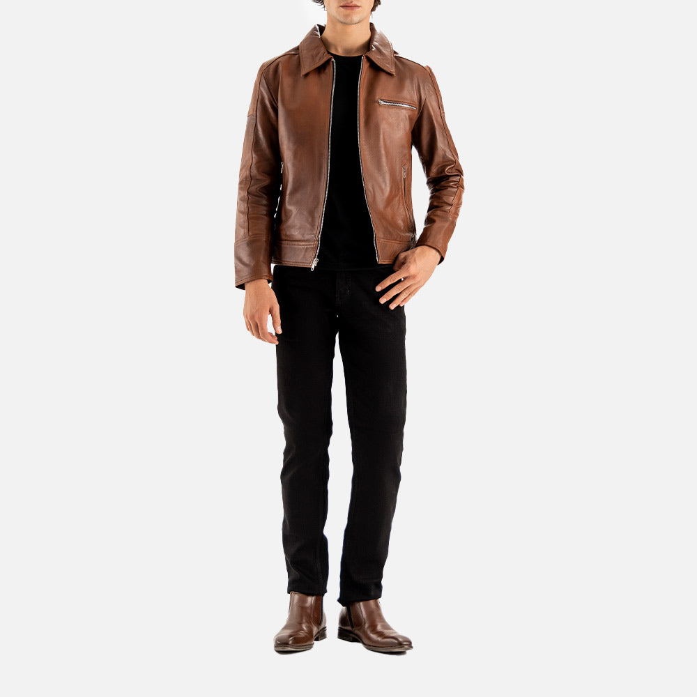 Calabria Brown Leather Biker Jacket full body