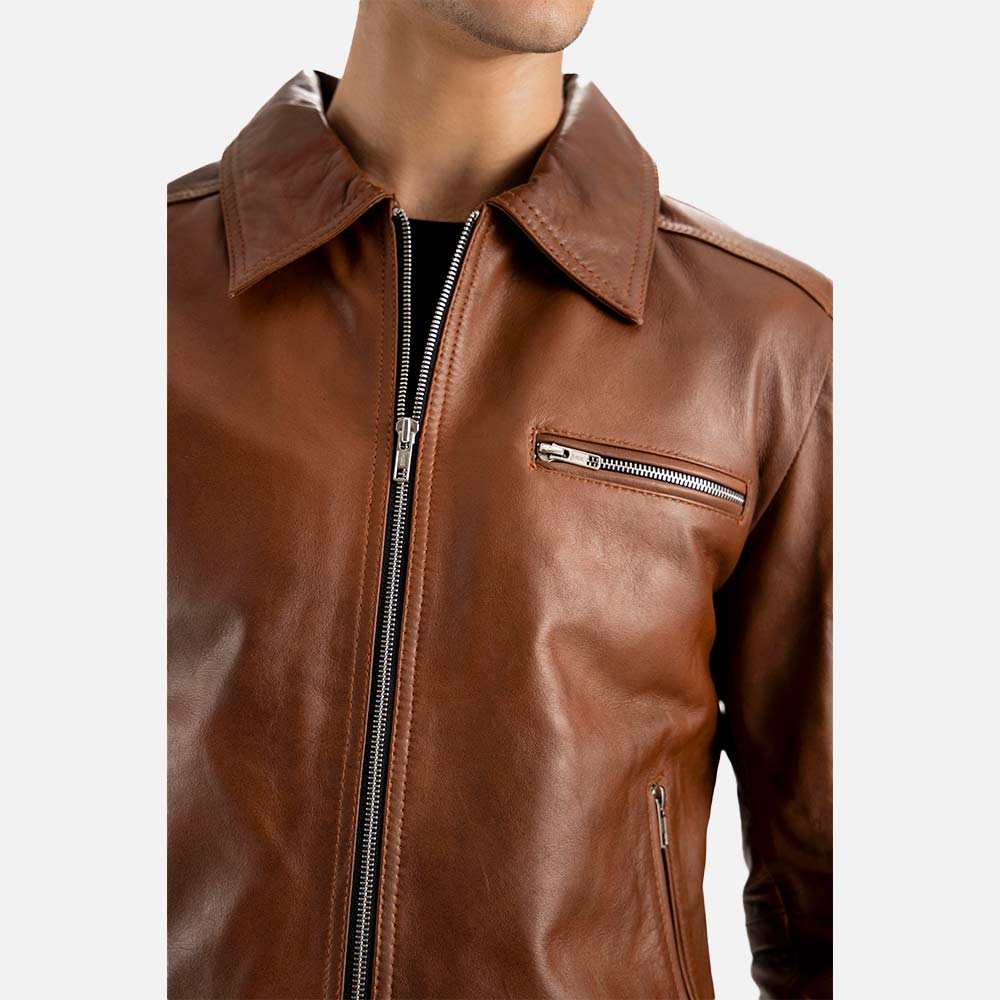 Calabria Brown Leather Biker Jacket half jackrt view