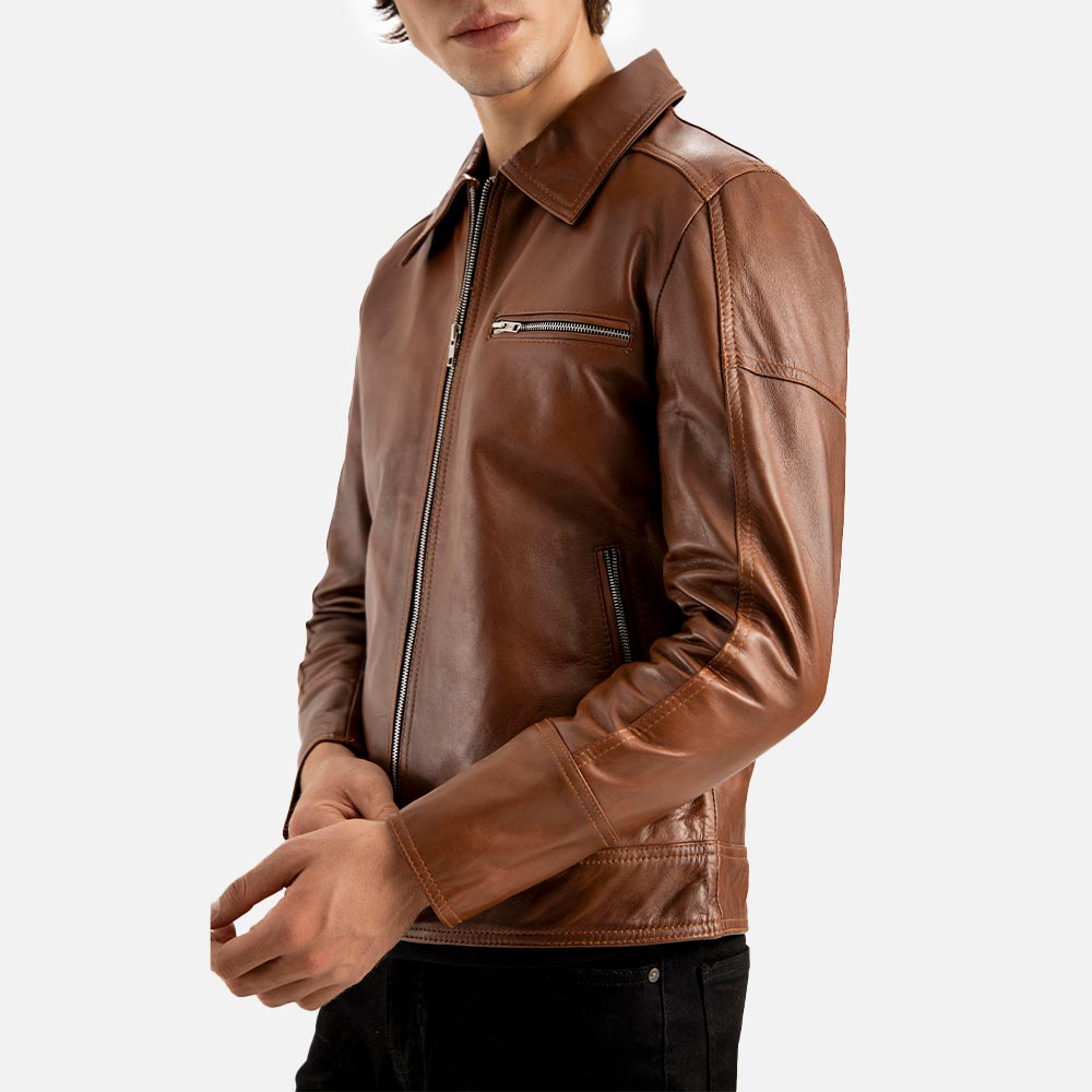 Calabria Brown Leather Biker Jacket left hand