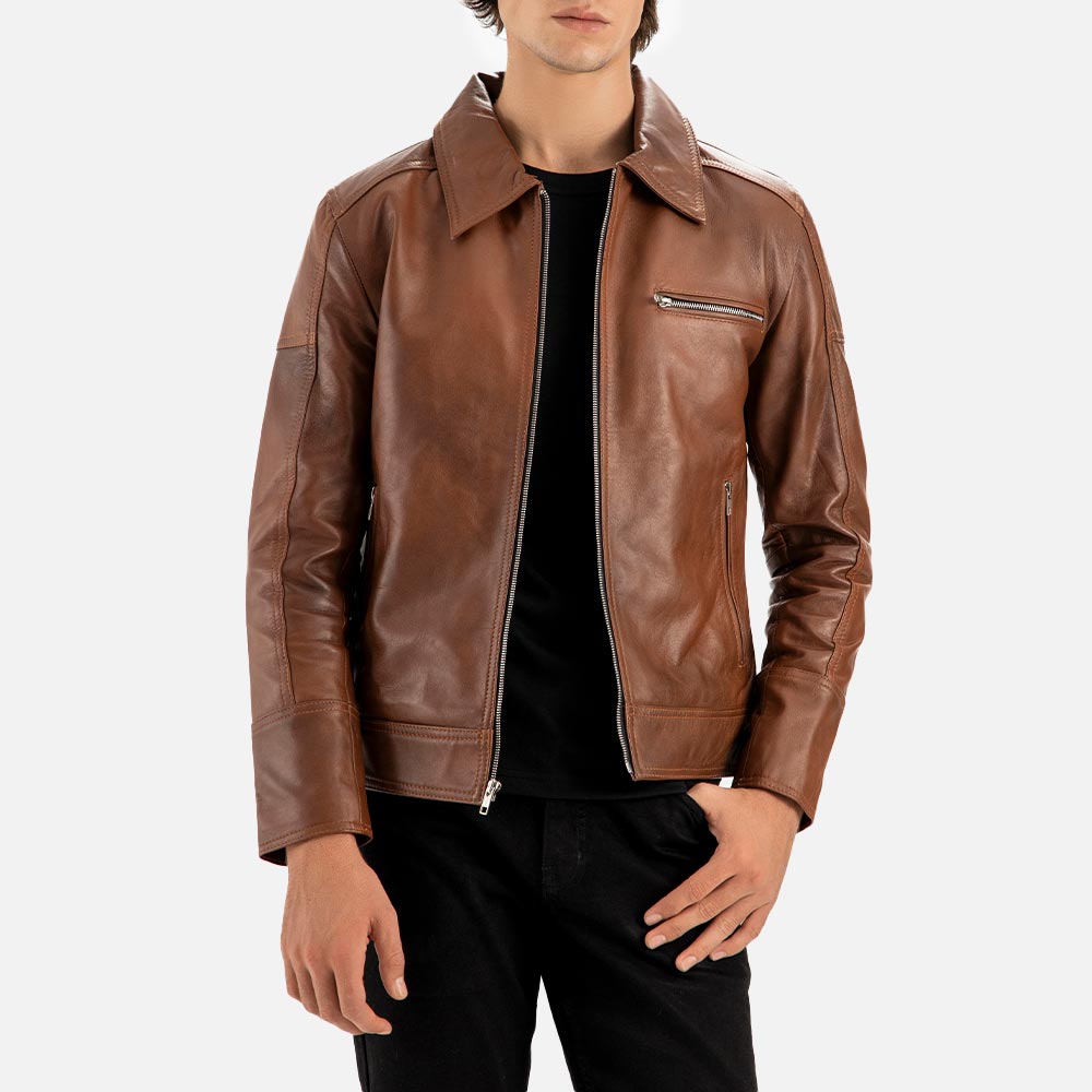 Calabria Brown Leather Biker Jacket left hand in pocket