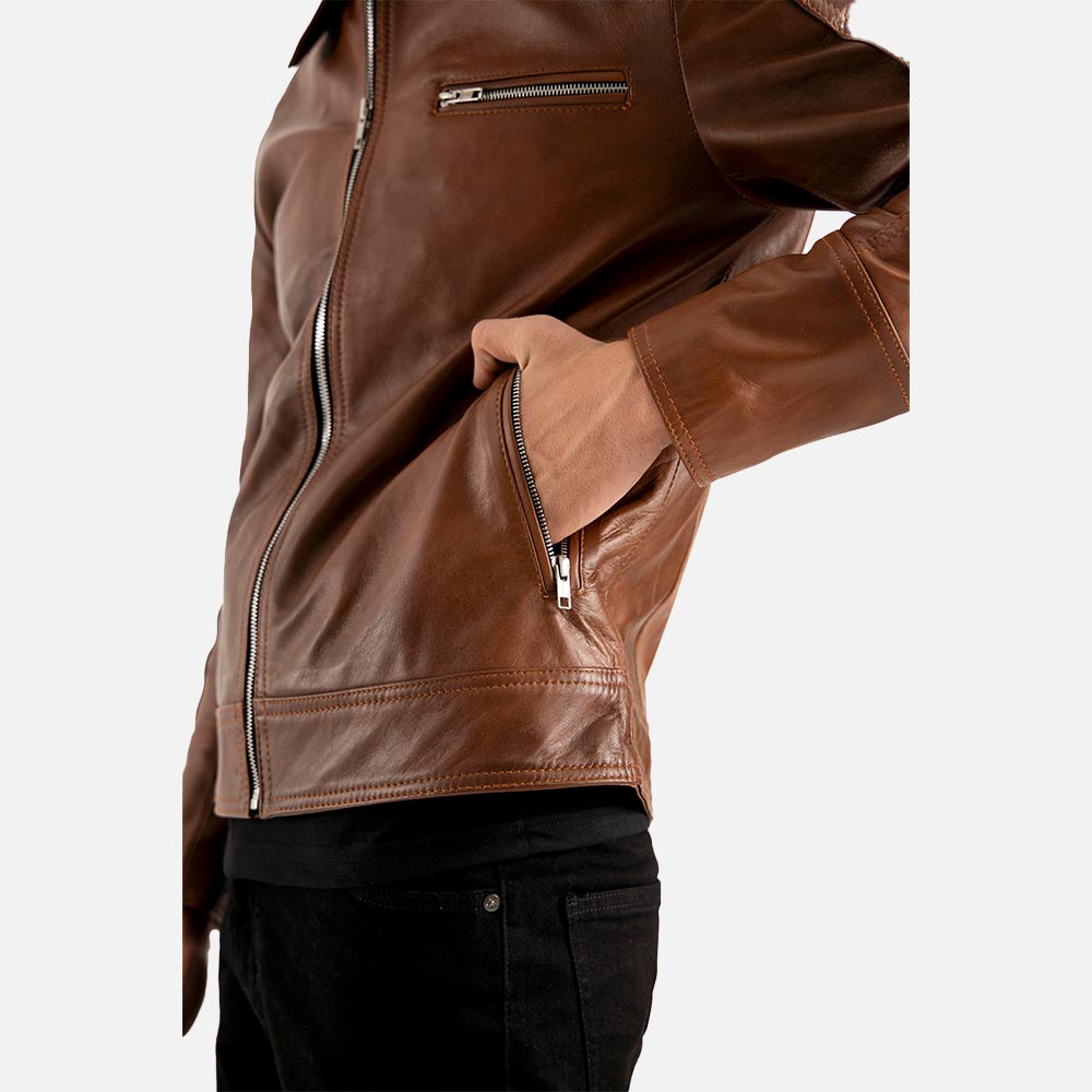 Calabria Brown Leather Biker Jacket leftt hand in pocket