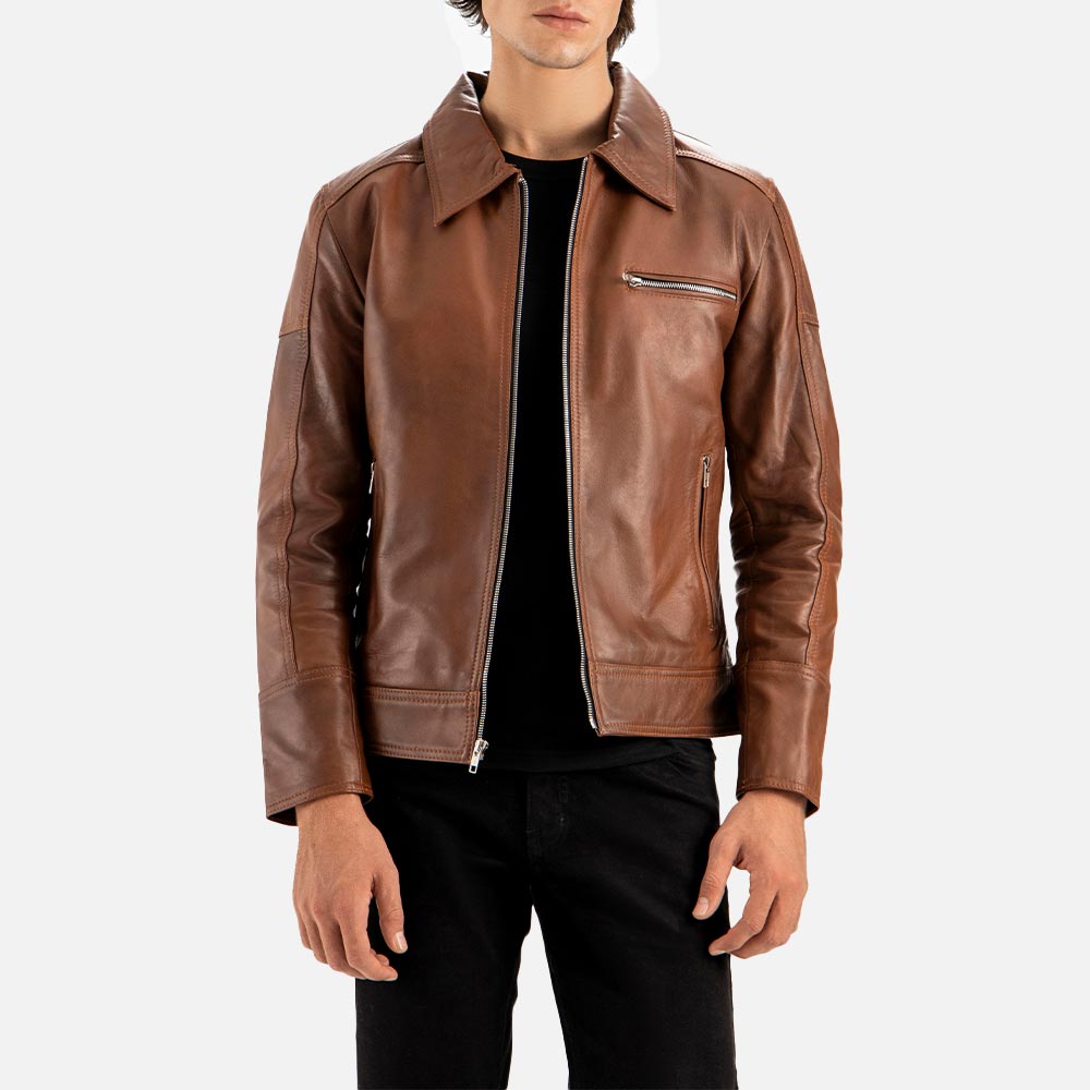 Calabria Brown Leather Biker Jacket open
