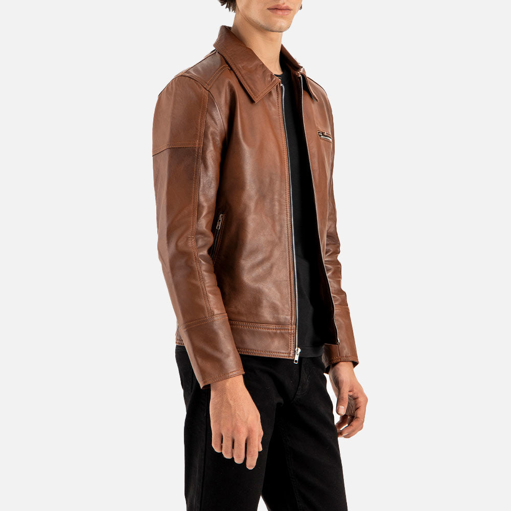 Calabria Brown Leather Biker Jacket right angle view